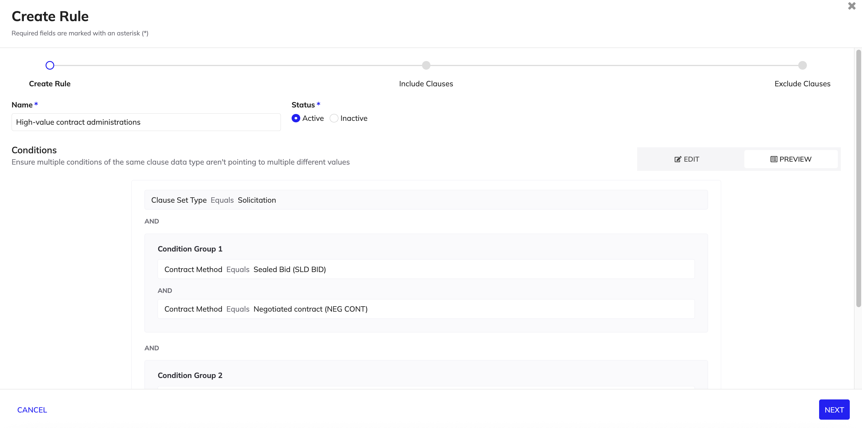 Rule preview showing visual representation of conditions and condition groups