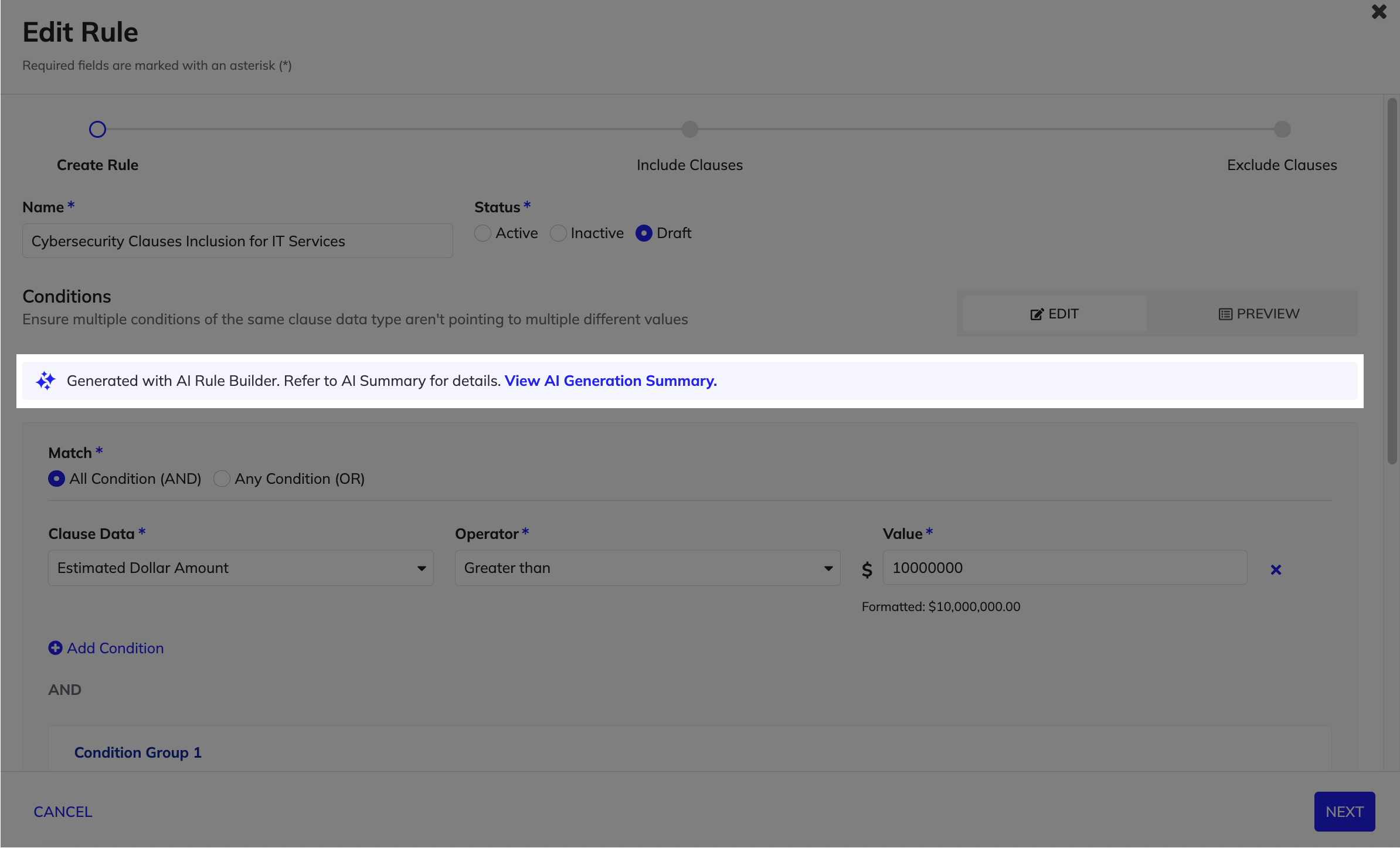 View AI Generation Summary link in Edit Rule screen