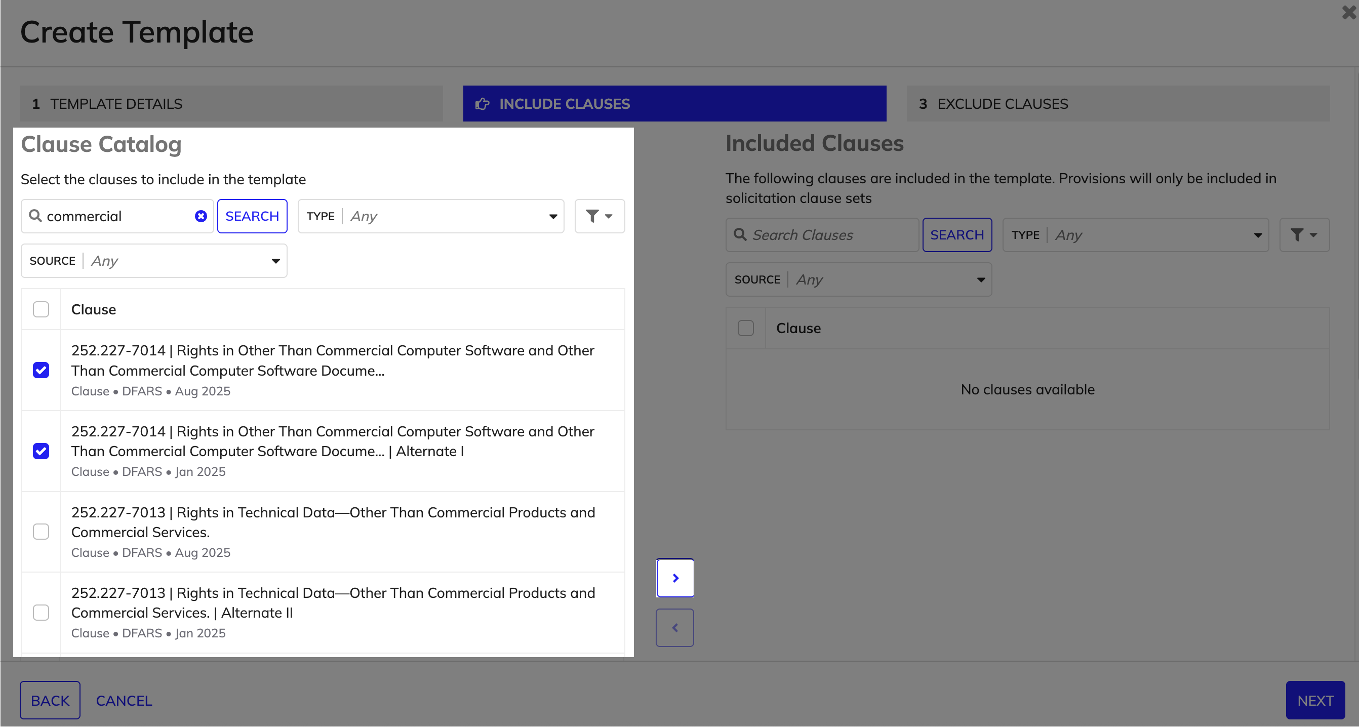 Select the include clauses in the Create Template wizard