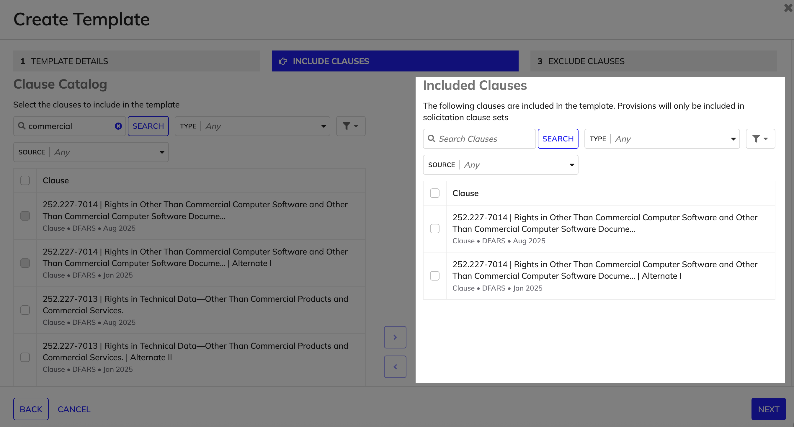 Selected clauses appearing in the Included Clauses section in the Create Template wizard