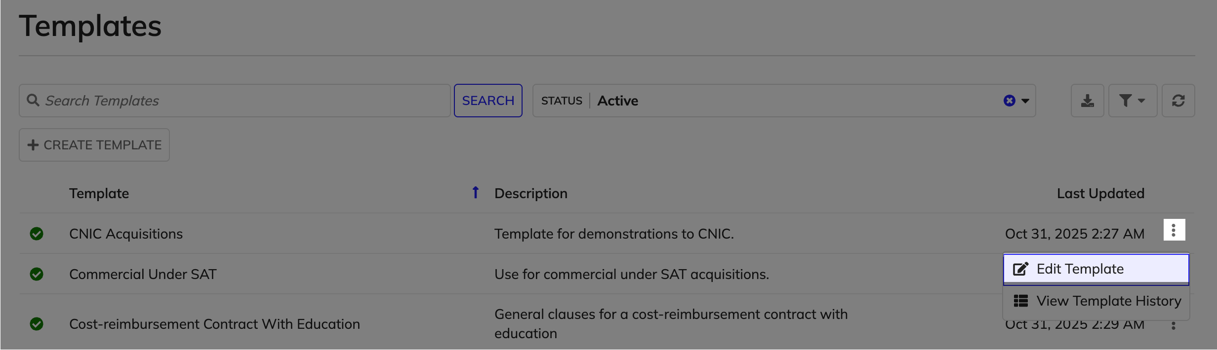 Edit Template option in Templates page