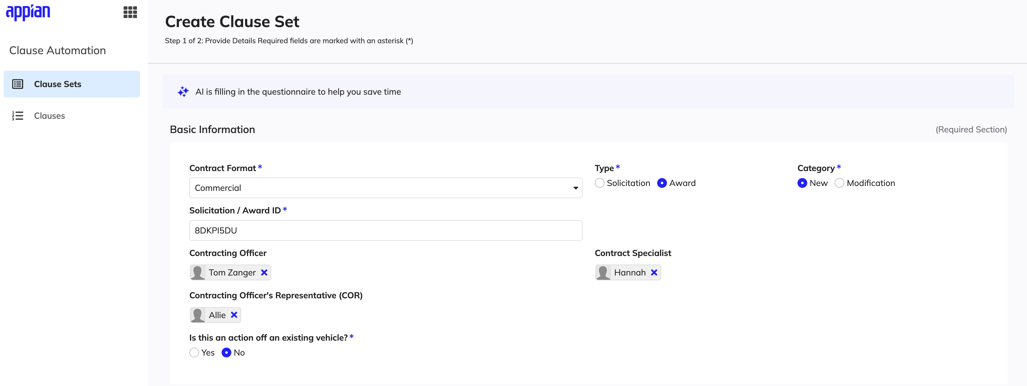 Basic information section of the Create Clause Set wizard with fields for contract format, type, category, and contracting officer
