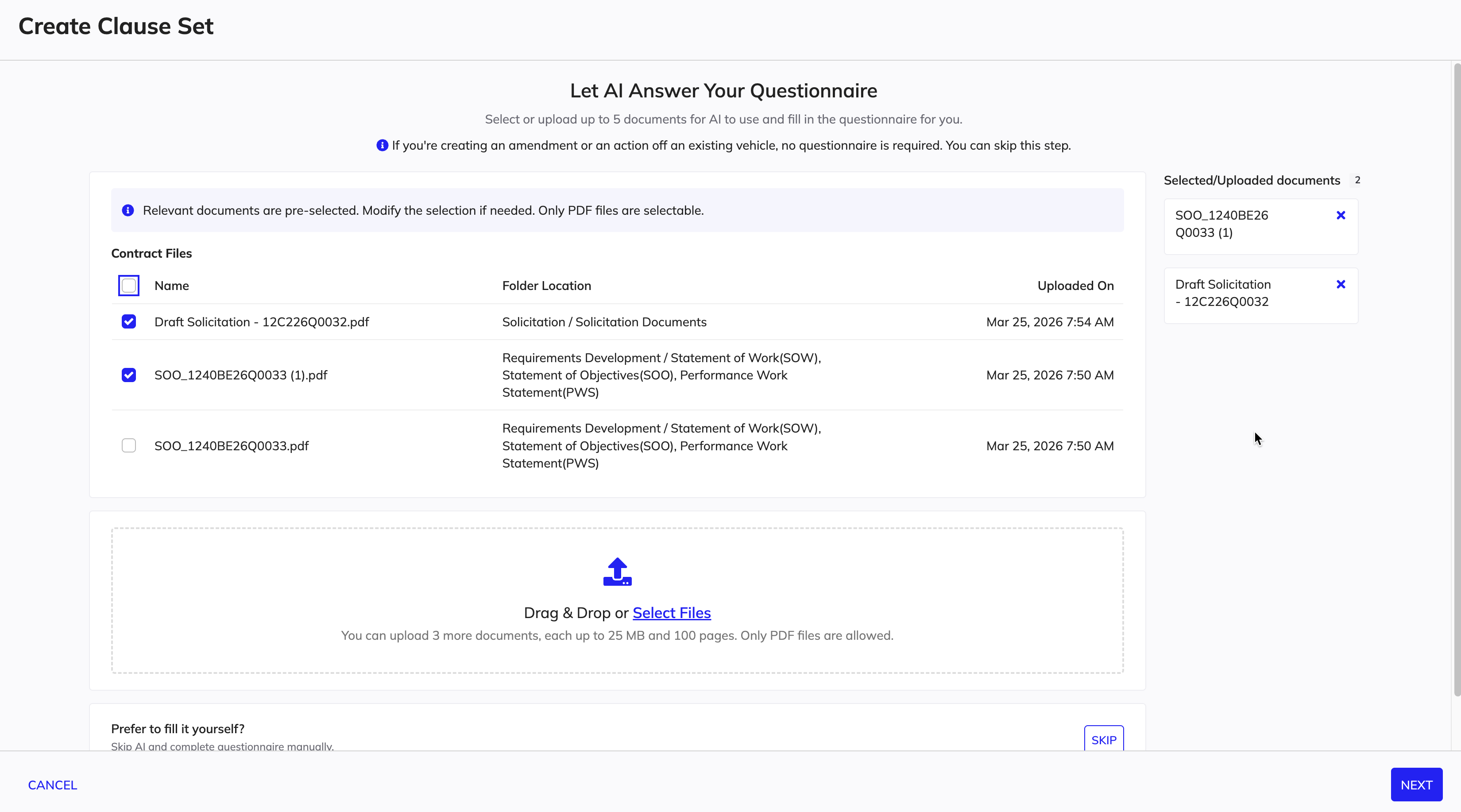 Select documents for AI analysis