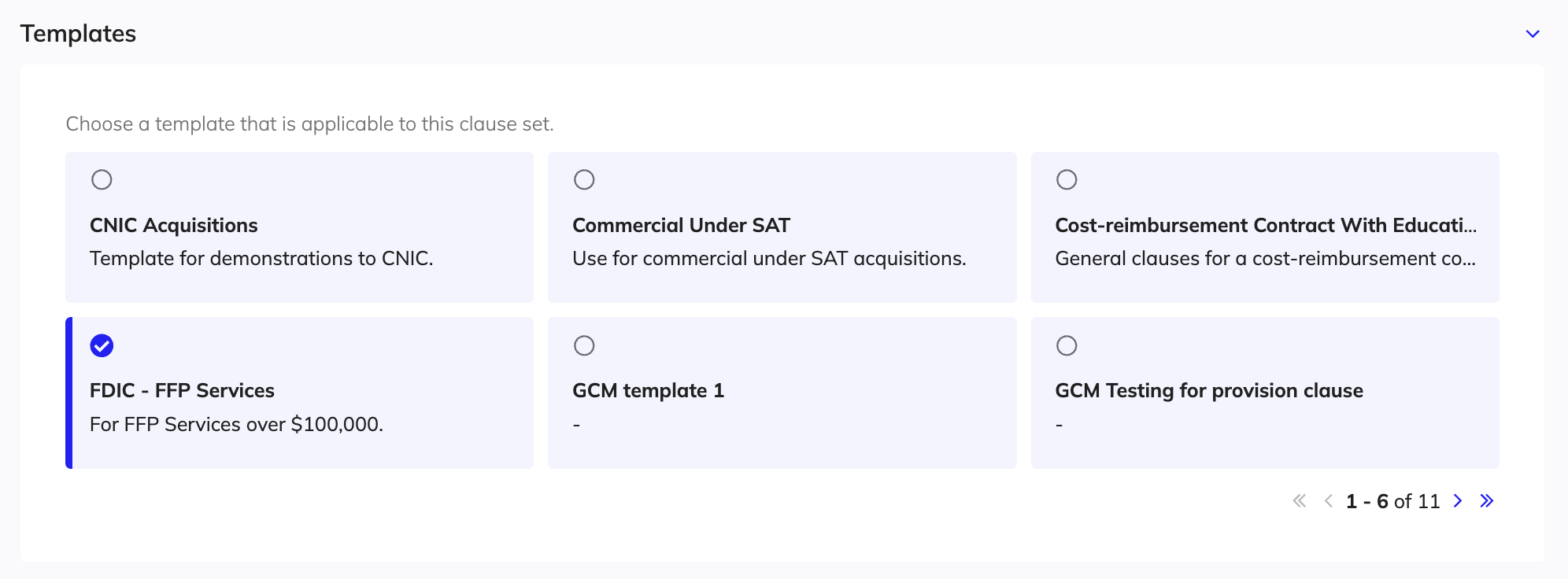 The Templates section in the Create Clause Set wizard with pre-configured IT services clause template selected