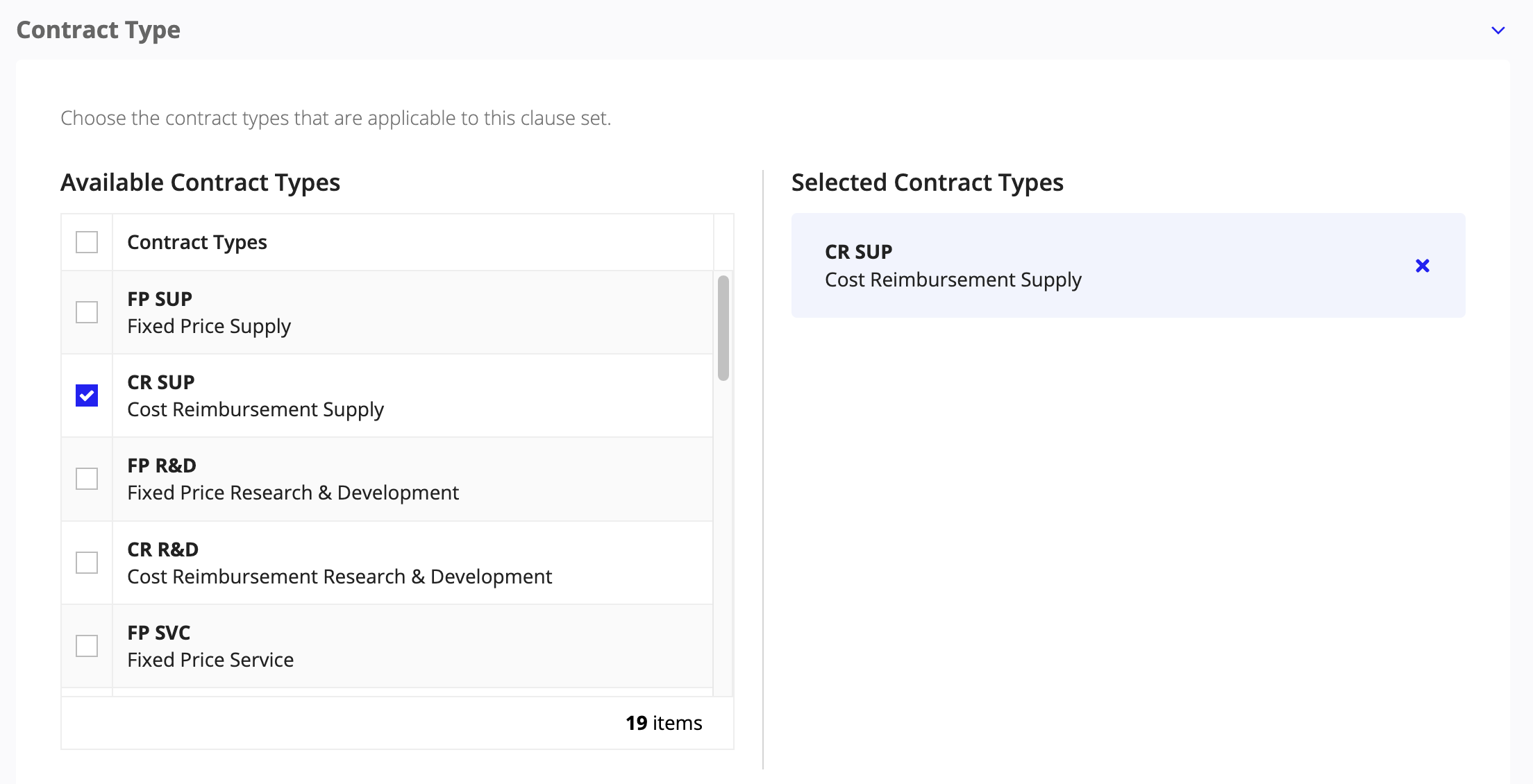 Contract type selection with available and selected contract types