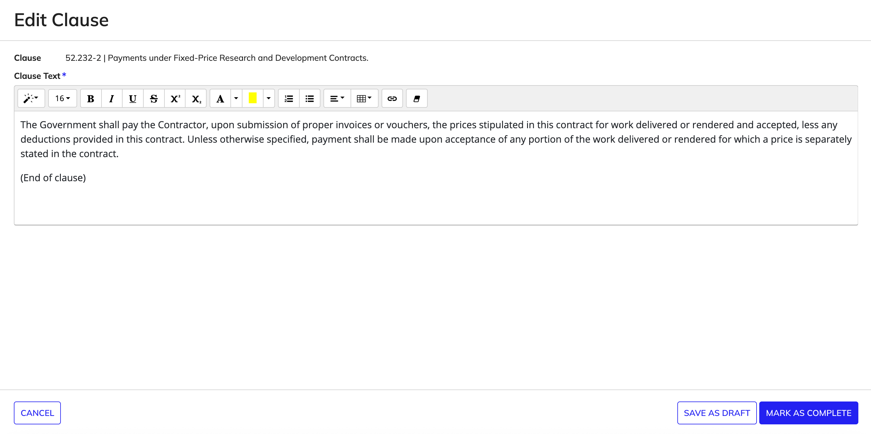 Edit Clause window from Clause Set summary view