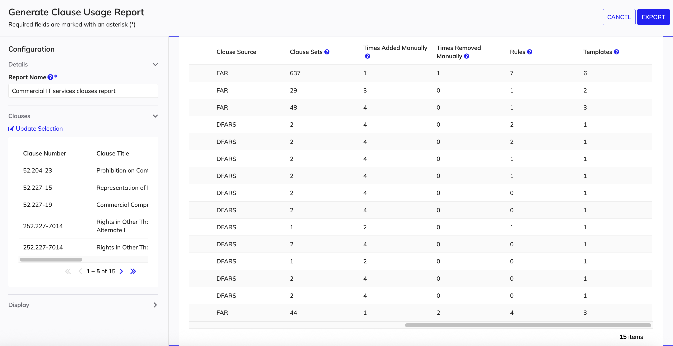 Clause usage report page displaying clause usage across clause sets, rules, and templates