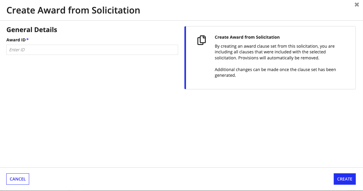 Create Award dialog with Award ID field for creating an award clause set from a solicitation