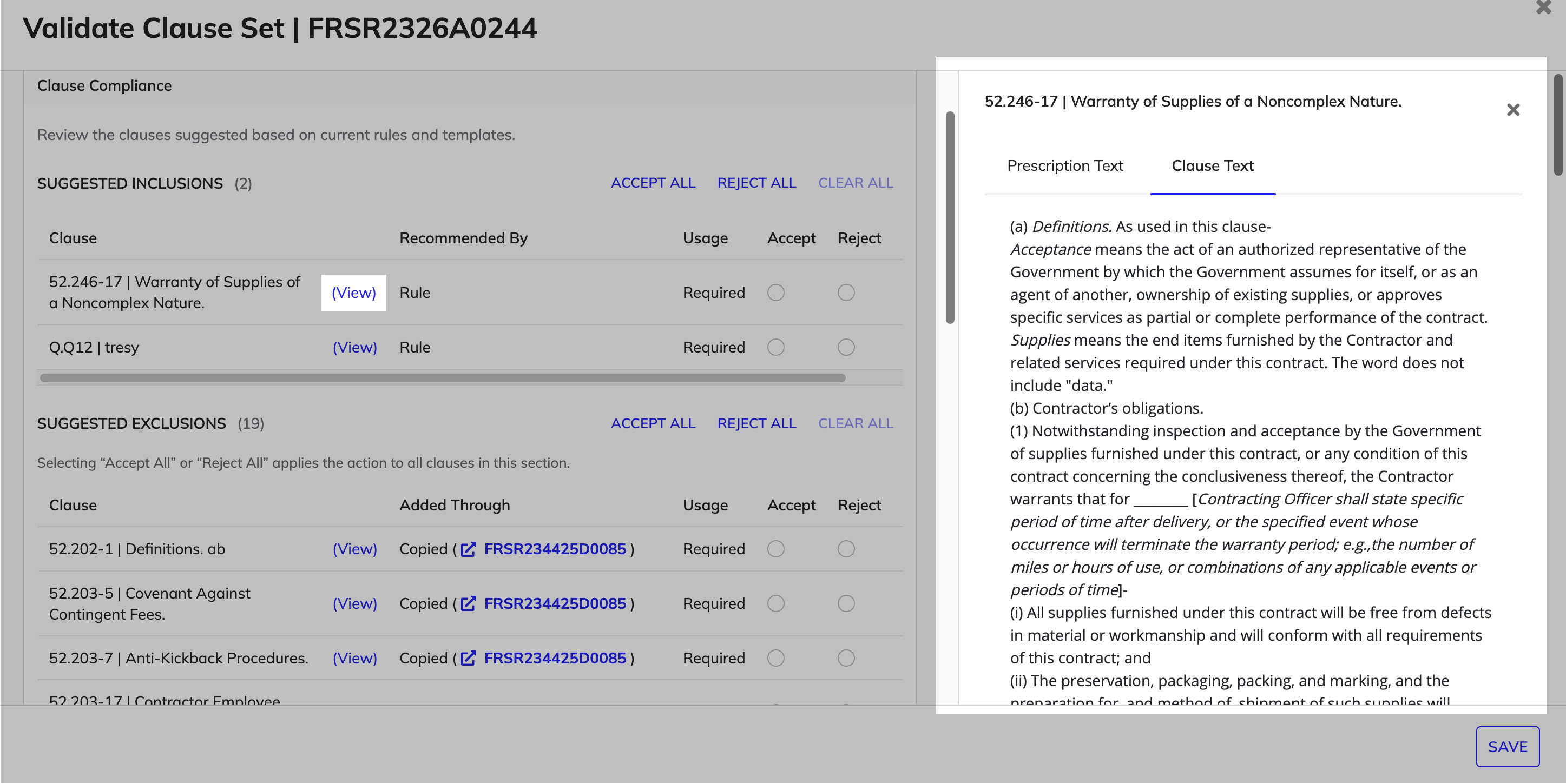 Clause details pane showing the clause text tab