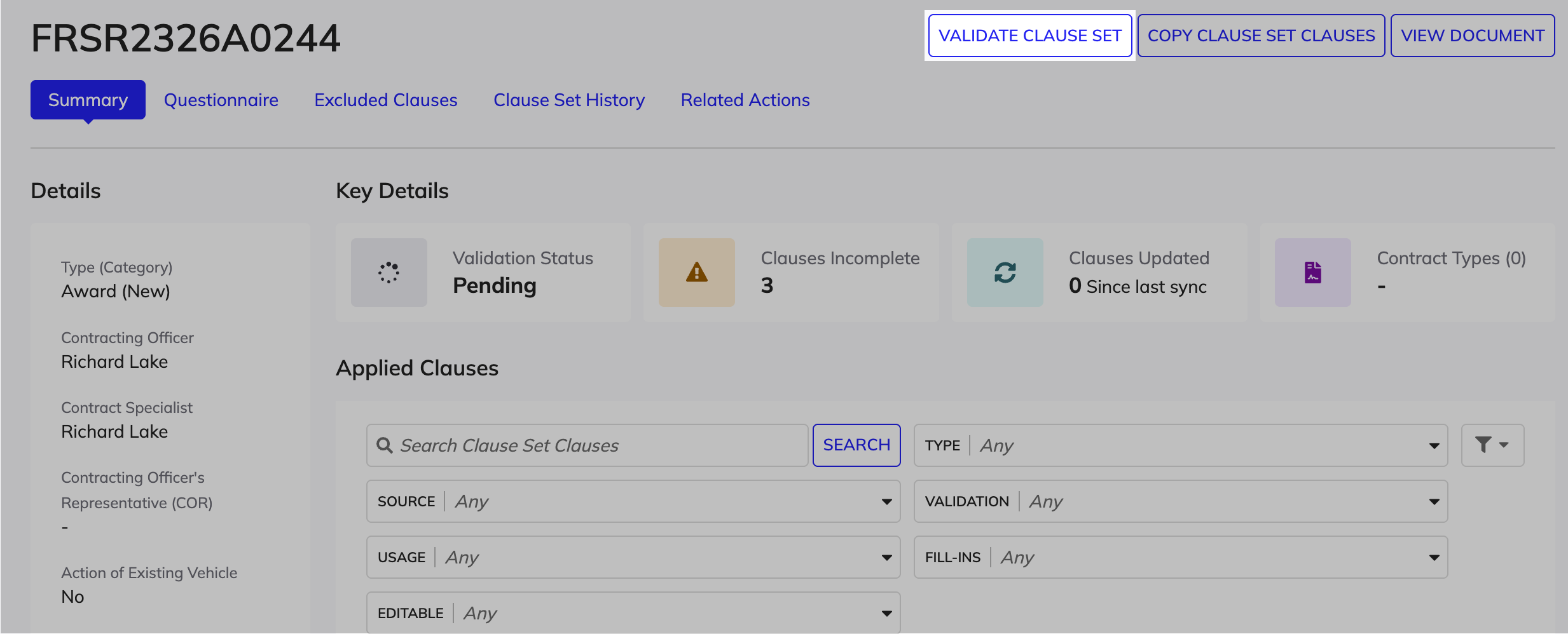 Validate Clause Set action in the Clause Set summary view