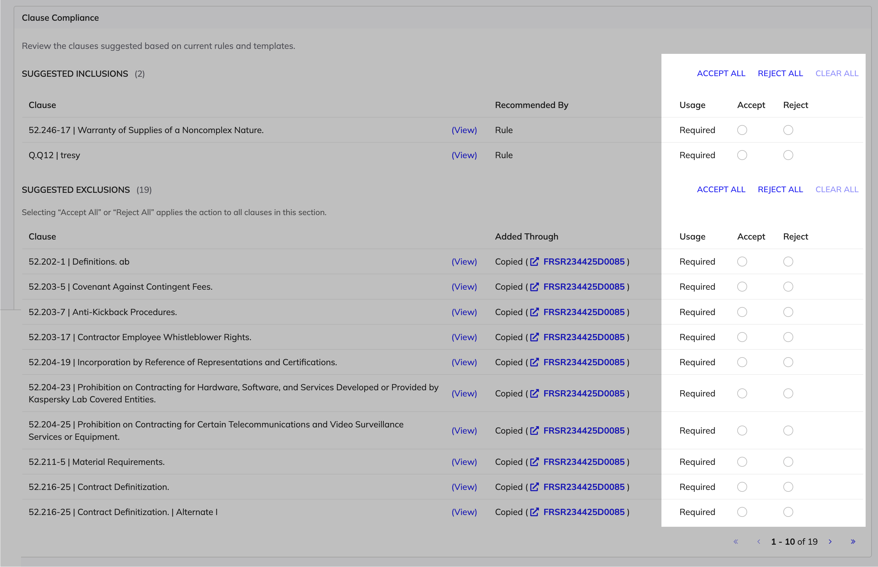 Validate Clause Set dialog showing inclusion and exclusion recommendations with individual and bulk accept or reject actions