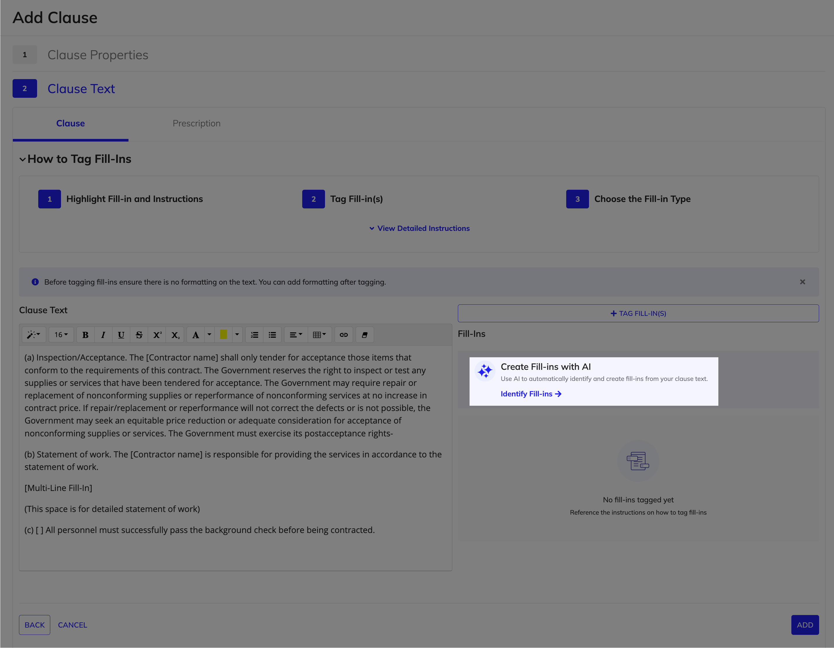 Use AI to identify fill-ins from clause text