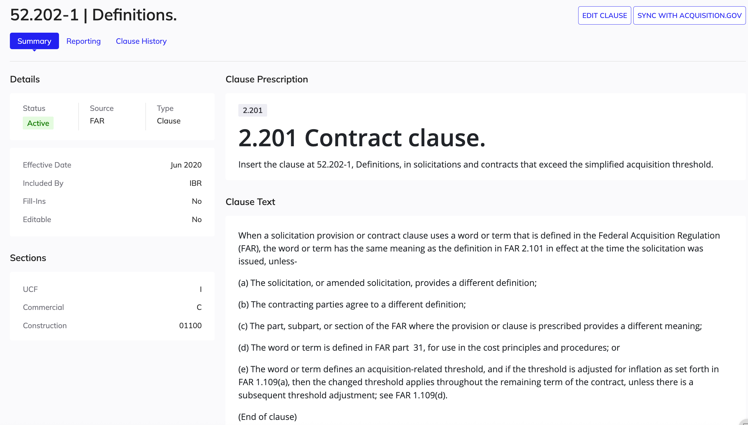Clause summary view showing type, source, prescription, text, and history fields