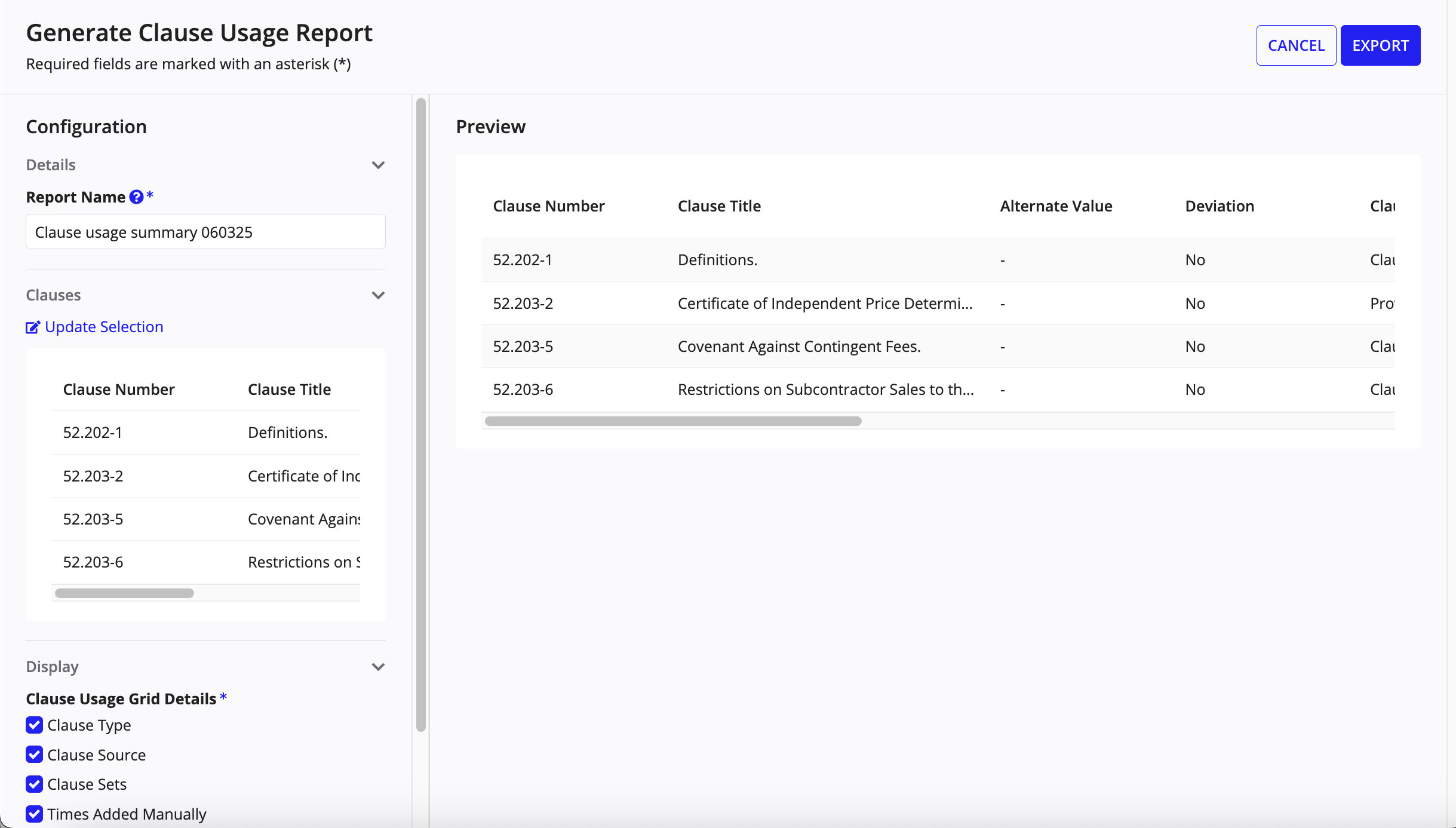 Export button for the report