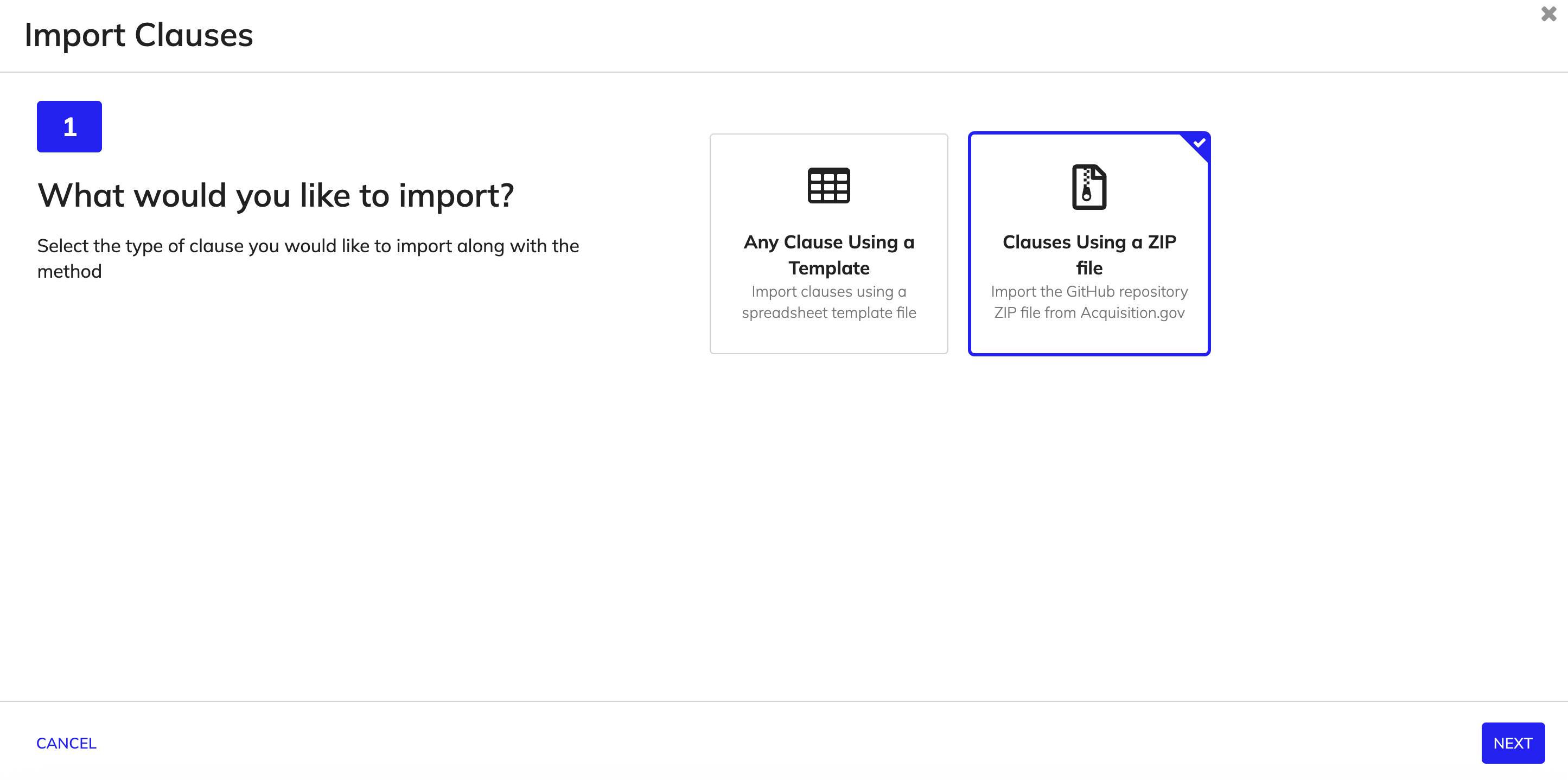 Select to import clauses using a ZIP file