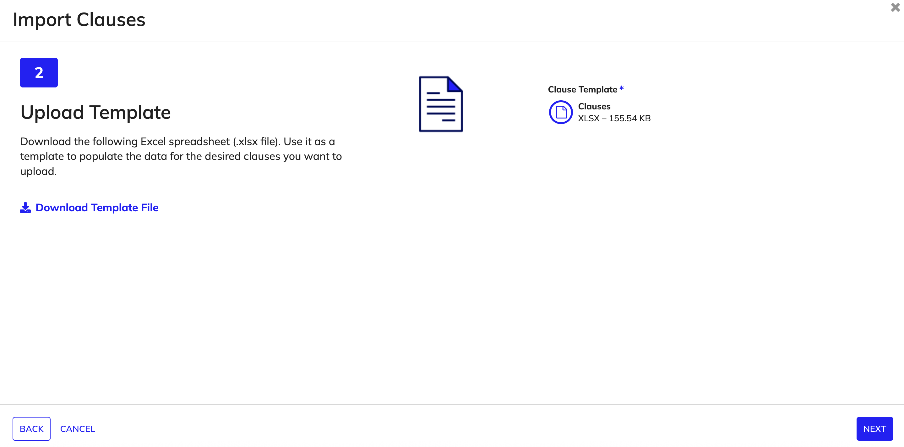 Download the template to import clauses, add clauses, and upload the clause template