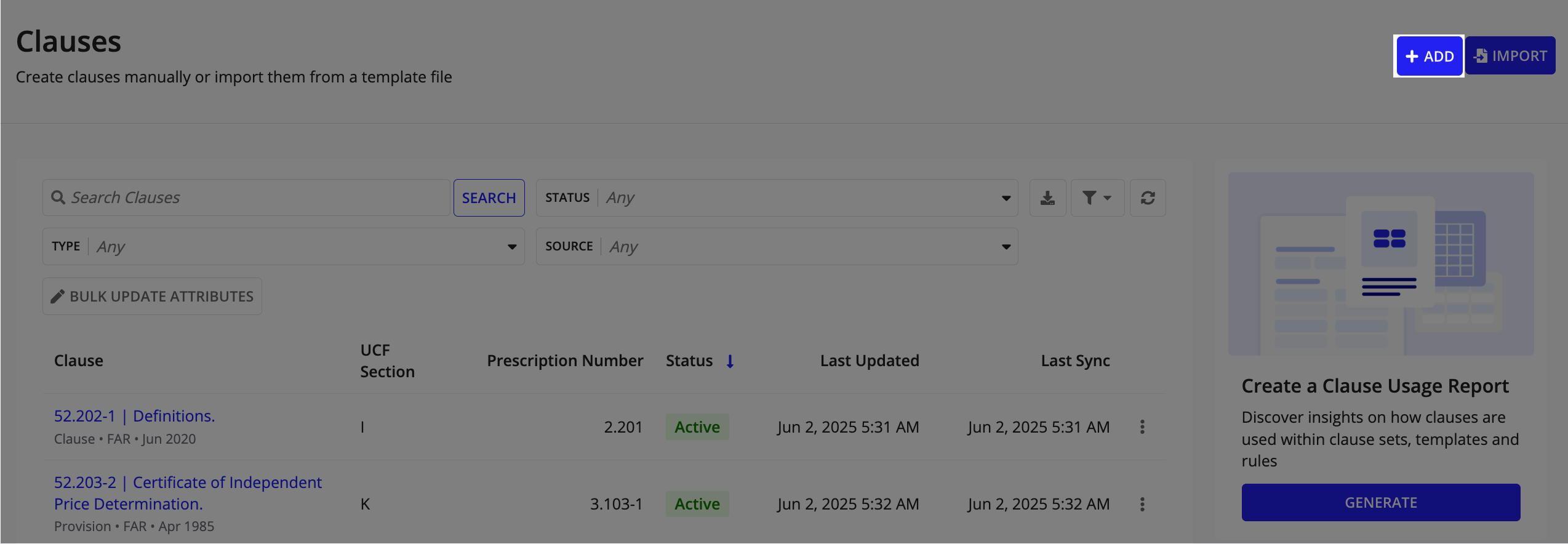 The +ADD button on the Clauses page for manually creating a new clause