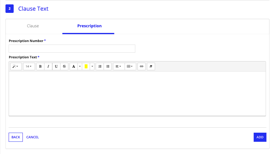 Prescription tab with fields for prescription number and prescription text
