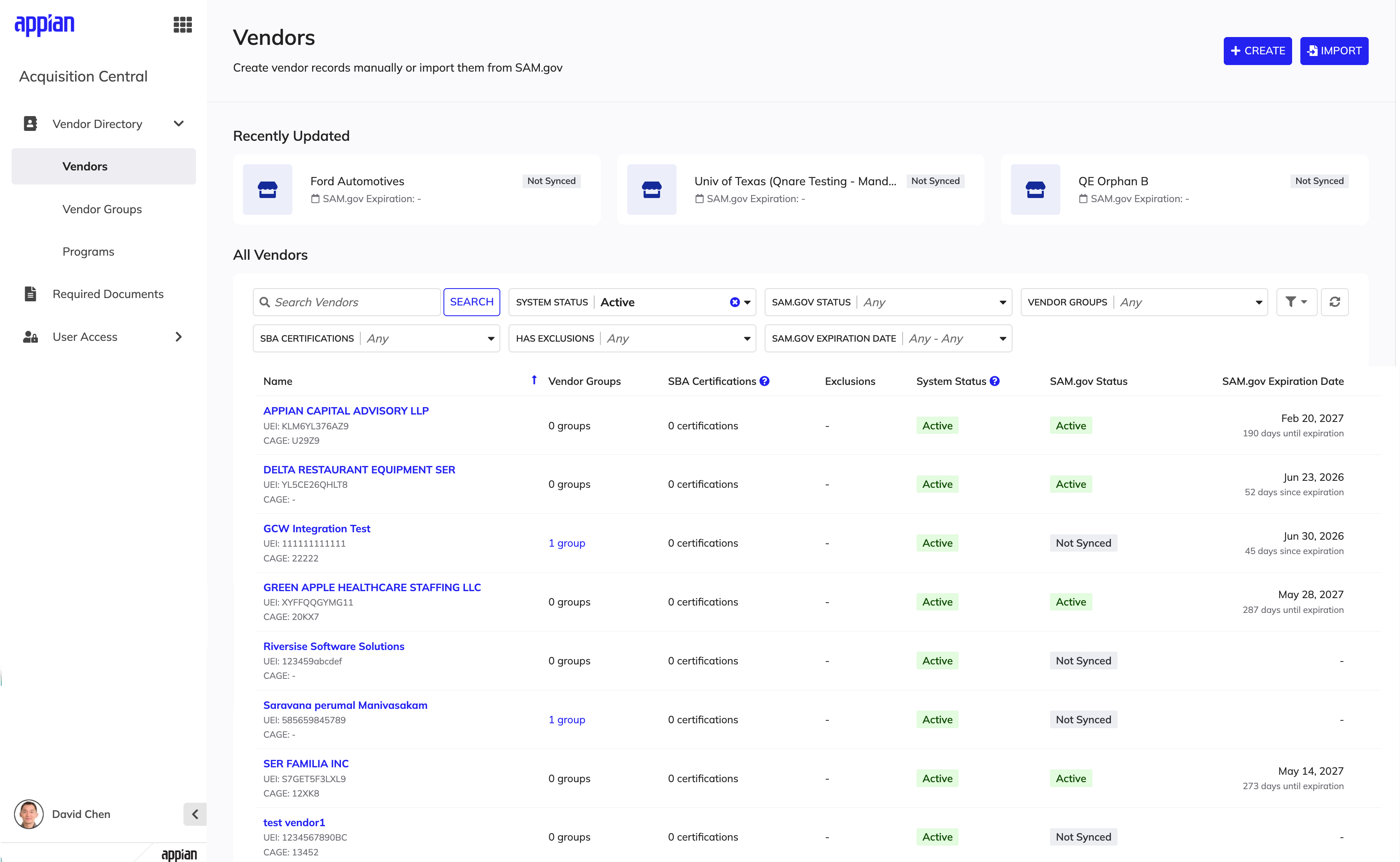 GAM Acquisition Central Vendors page displaying the Recently Updated vendor cards, search filters for system status and SAM.gov status, and the All Vendors grid with vendor names, groups, certifications, and expiration dates.