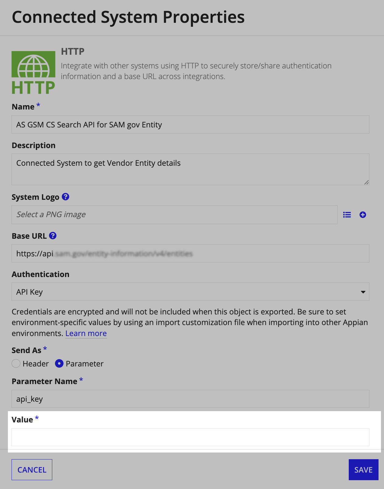 Entity Connected System properties for SAM.gov API configuration.