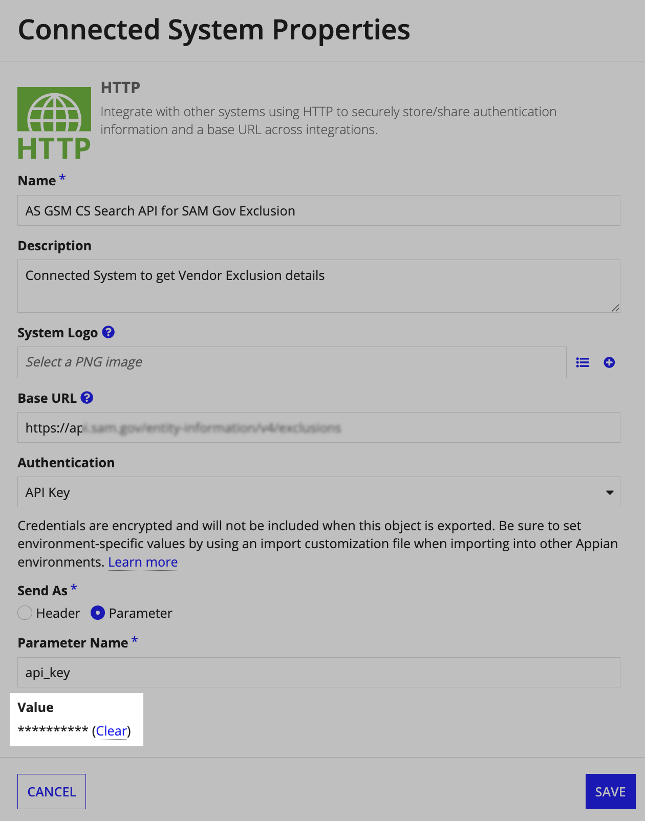 Exclusion Connected System properties for SAM.gov API configuration.