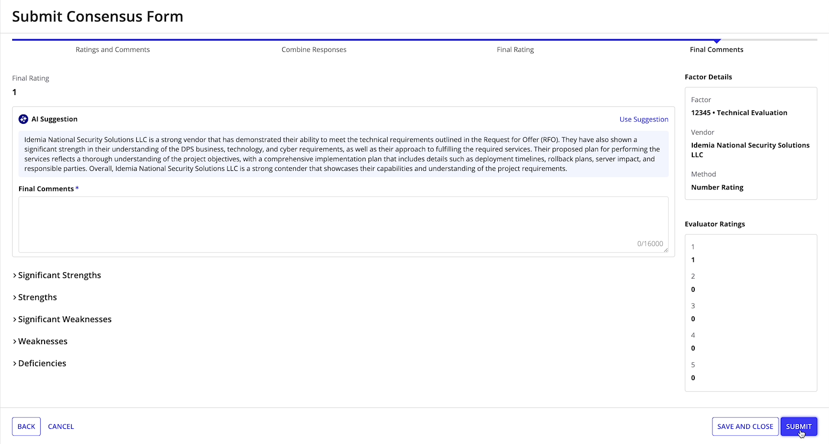 Simplified evaluation form for consensus.