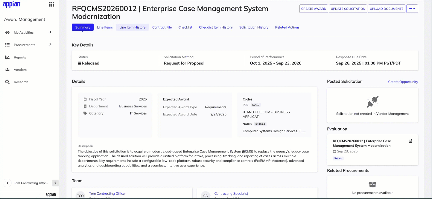 Evaluation details appearing in Award Management solicitation summary and related solicitation visible in GSS evaluation summary.