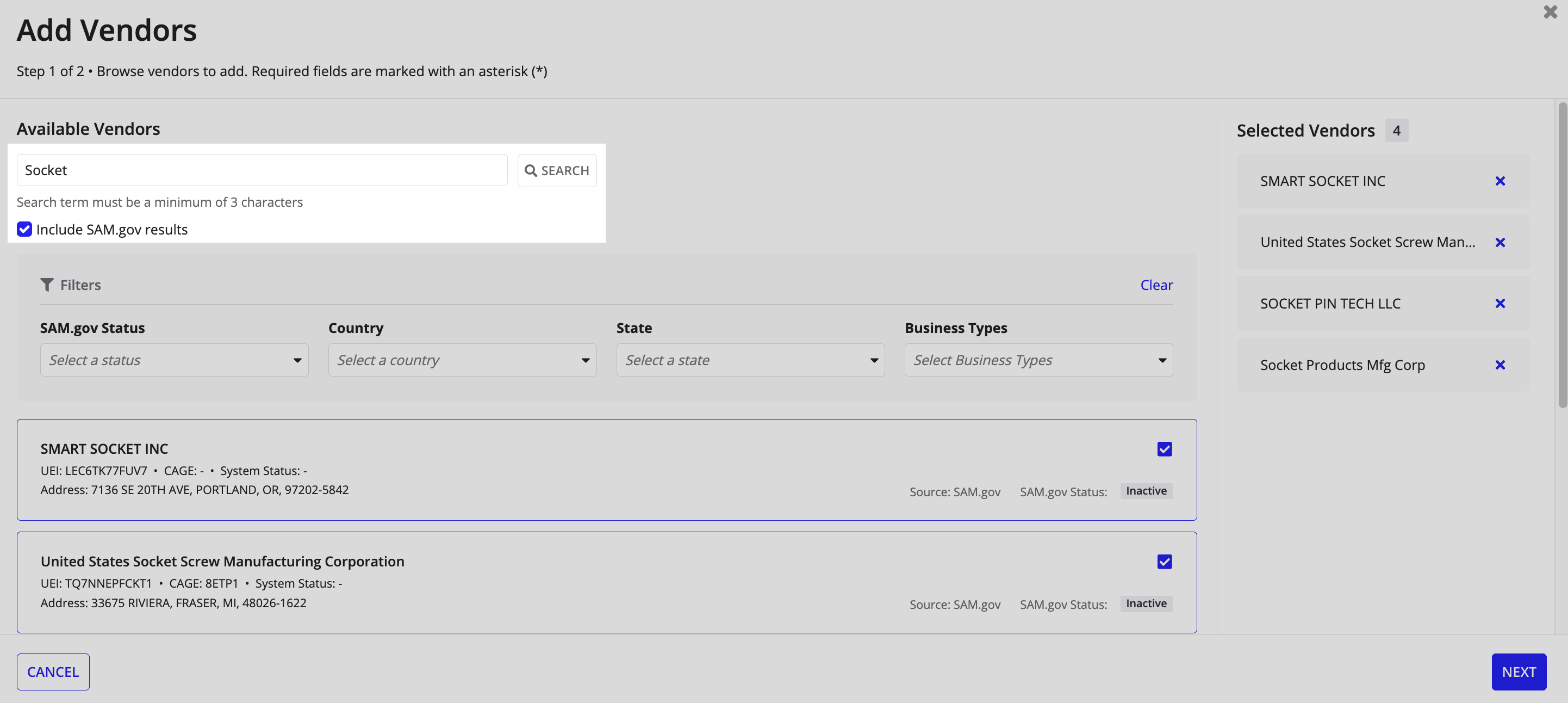 Add Vendors screen highlighting vendor search using keywords and including SAM.gov results.