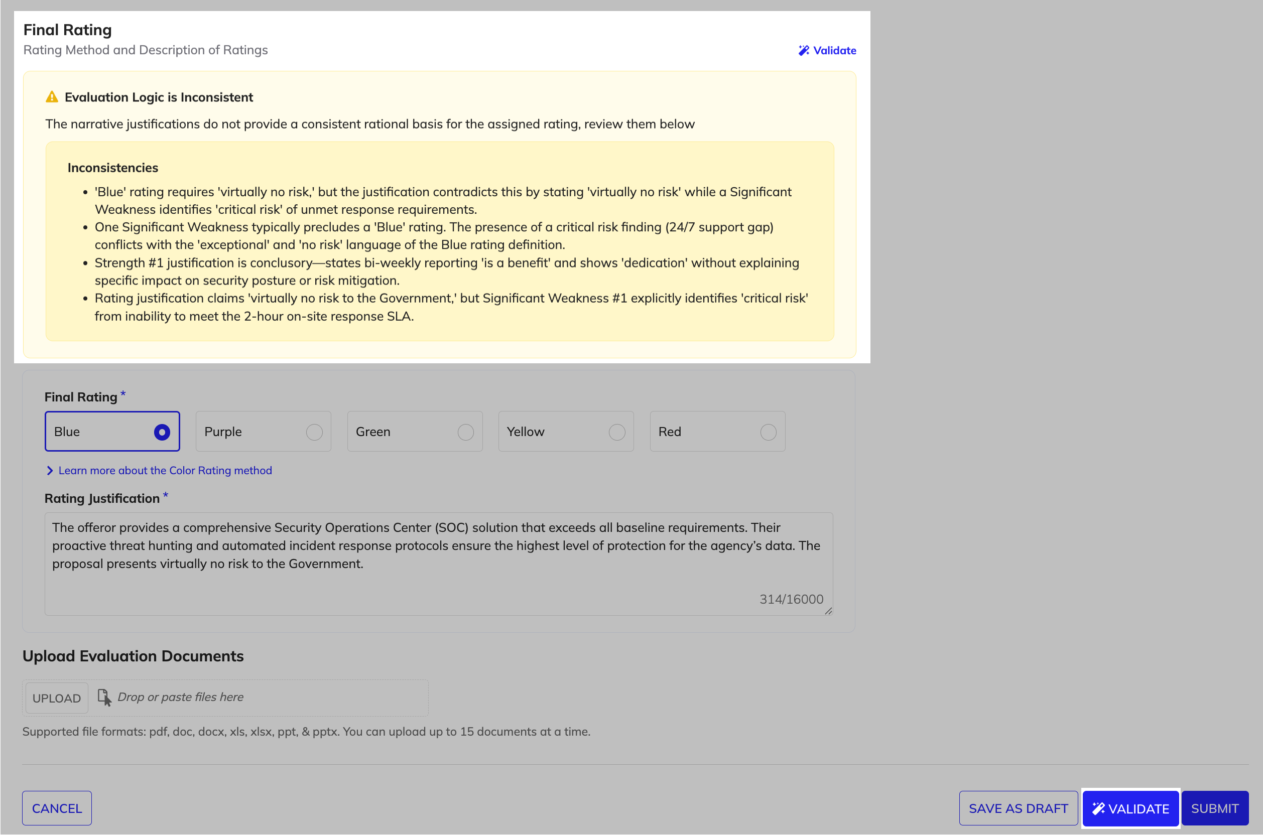 Evaluator language validation showing inline validation result card on the evaluation form.