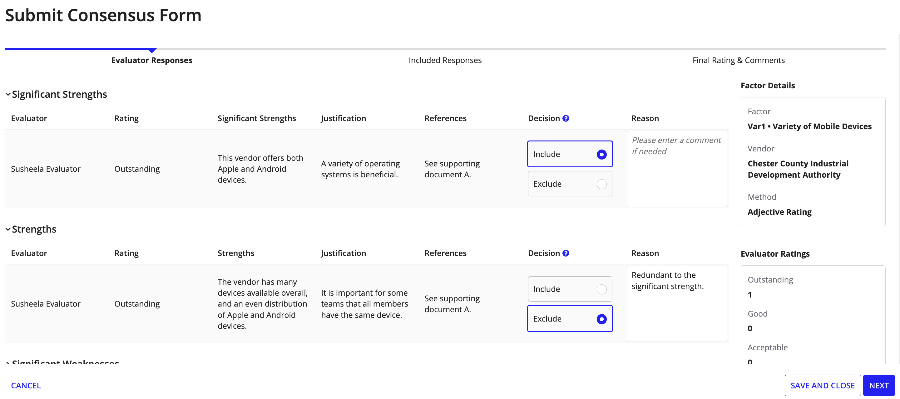 Include or exclude an evaluator response.