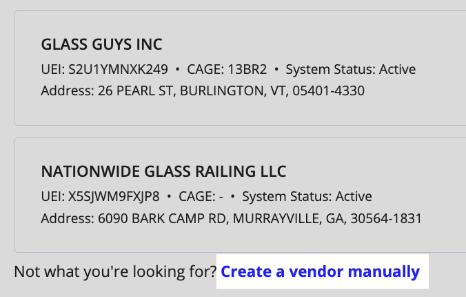 Create a vendor manually if UEI and CAGE search does not yield any vendor