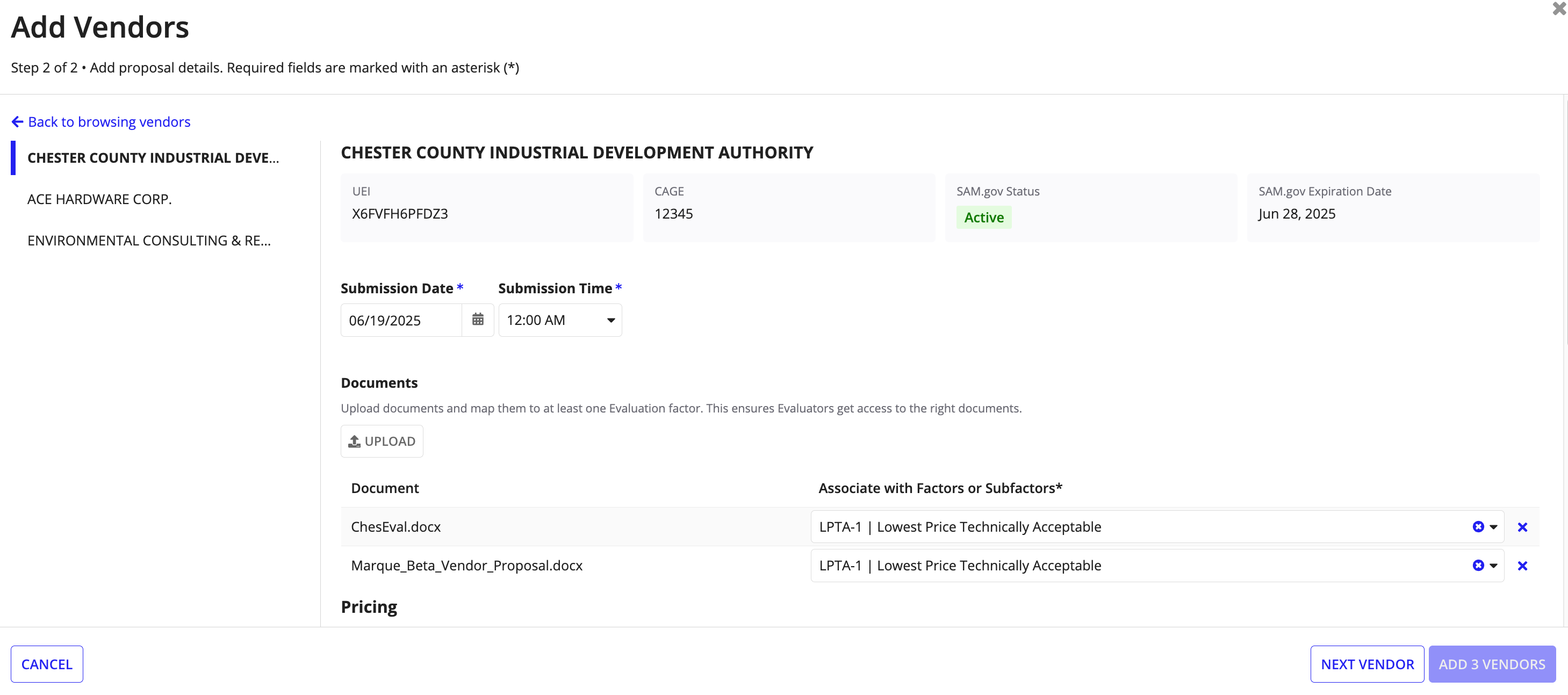 Add vendors step for uploading proposal documents and associating factors.