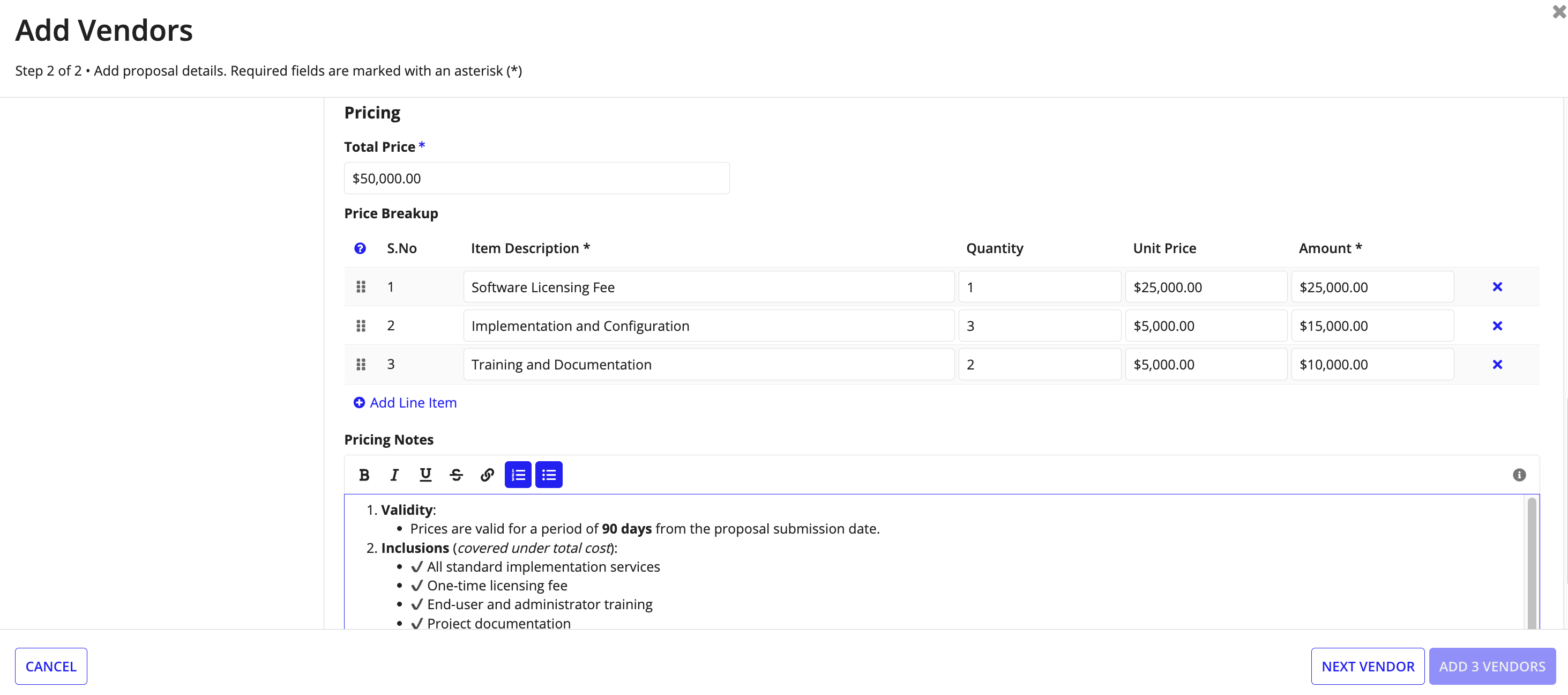 Review and add vendor pricing details.
