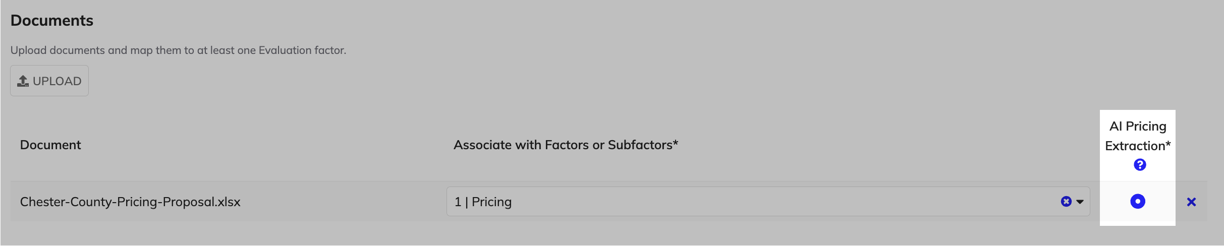 Radio button to select a vendor document for AI price extraction.