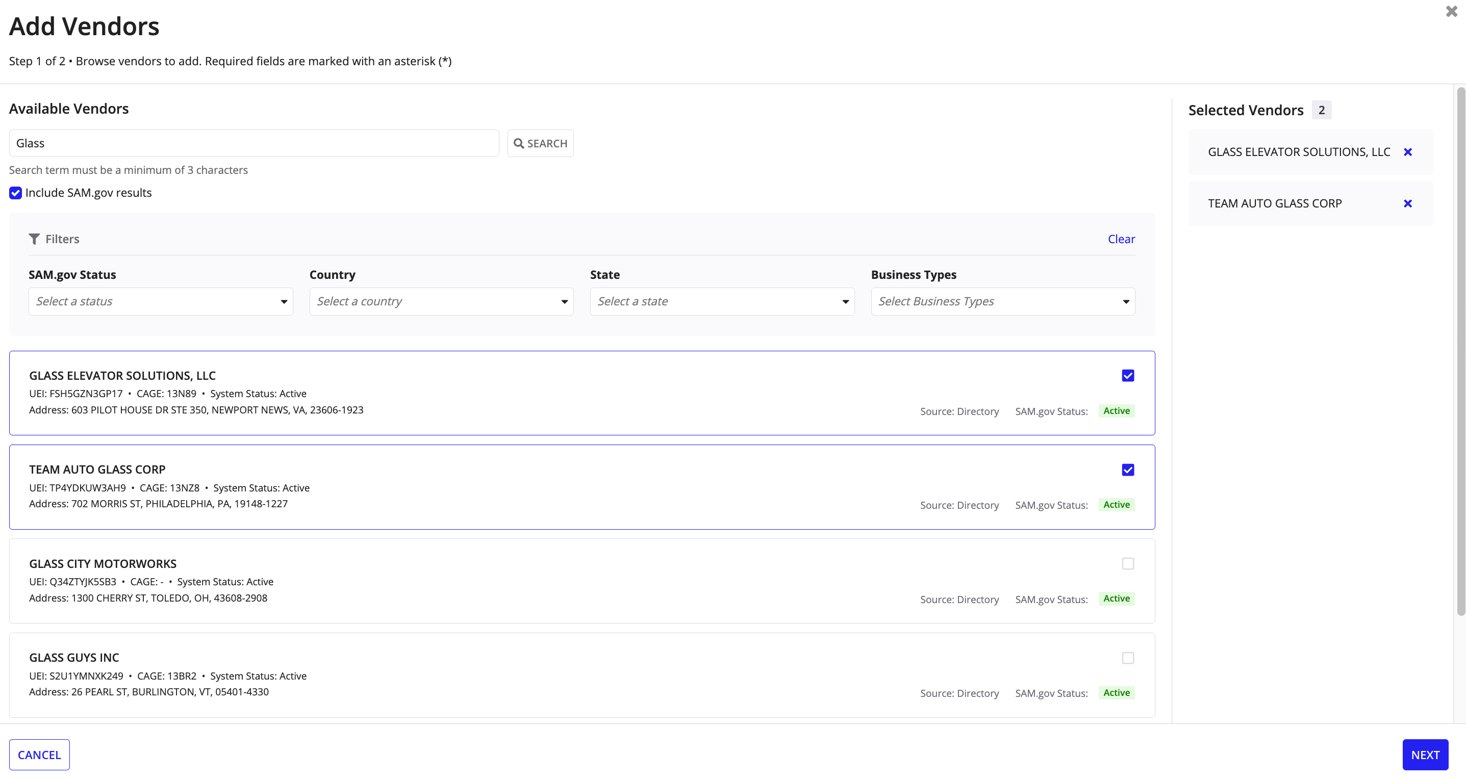 Search by UEI, CAGE, or keywords and select vendors.