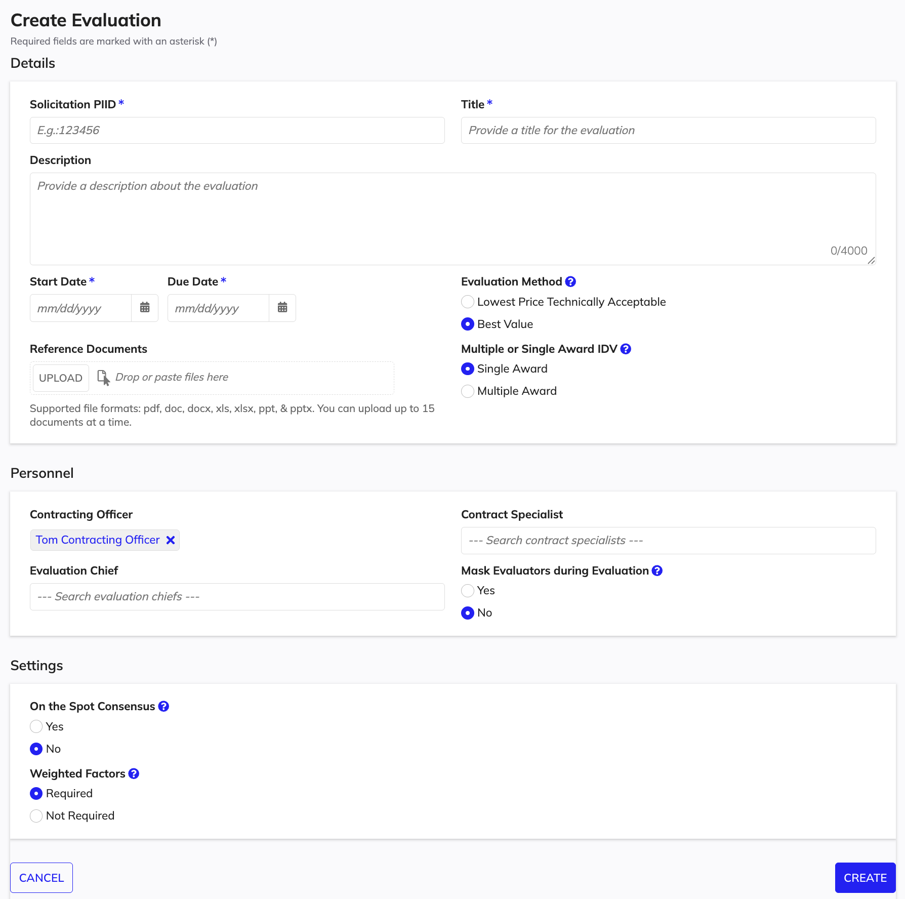 Fill evaluation details and click CREATE.