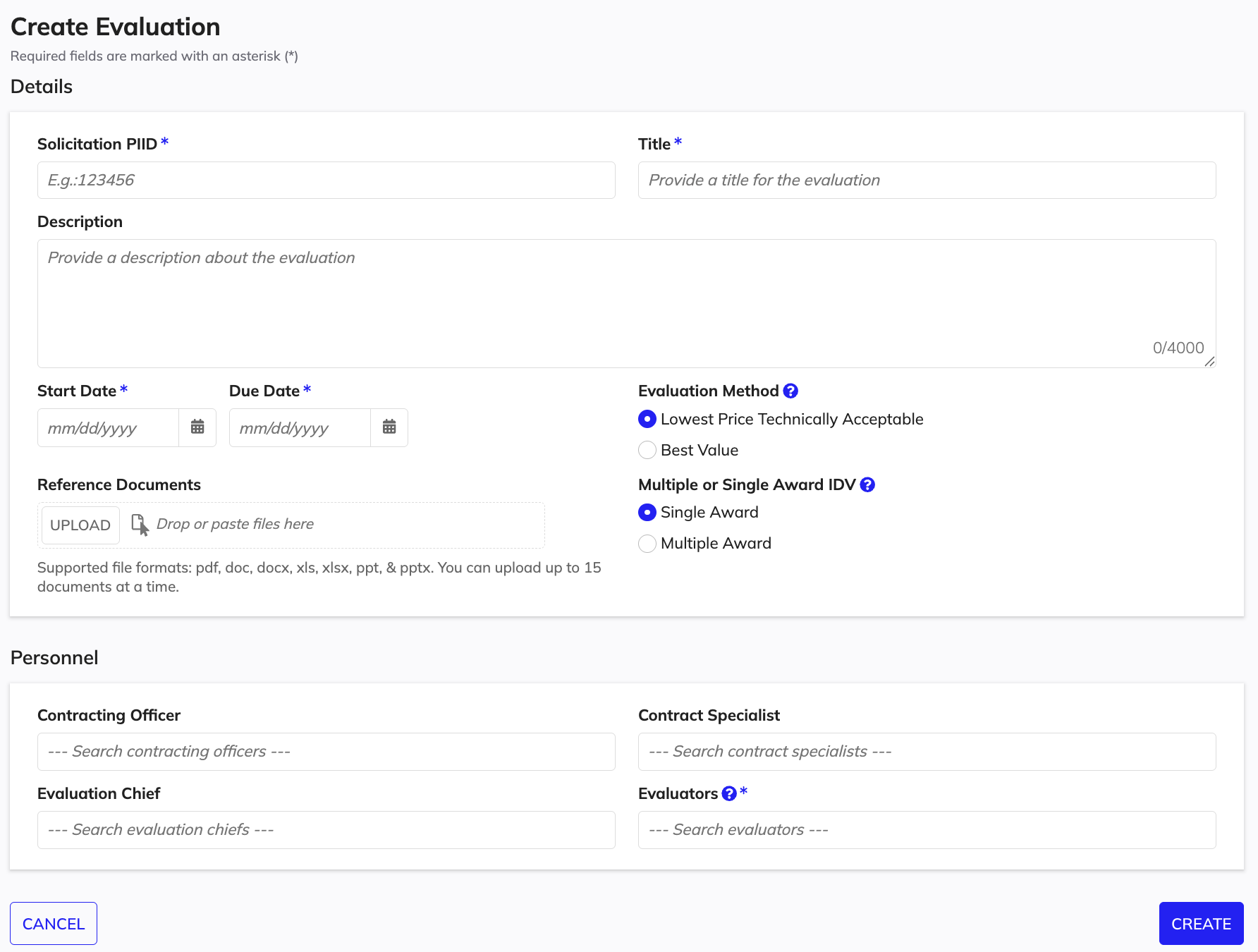 Simplified Create Evaluation guided experience when LPTA method is chosen.