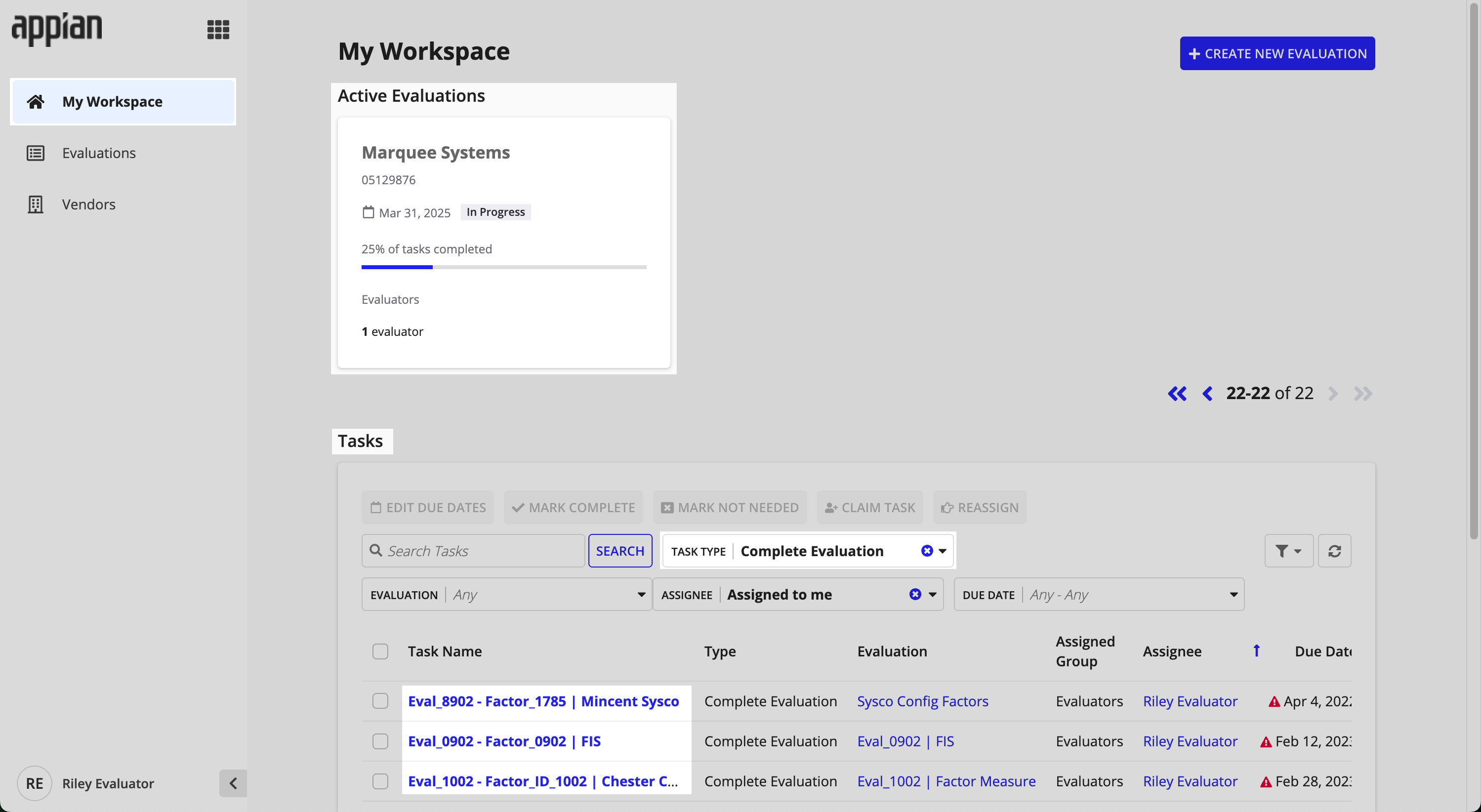 Select an evaluation card to evaluate.