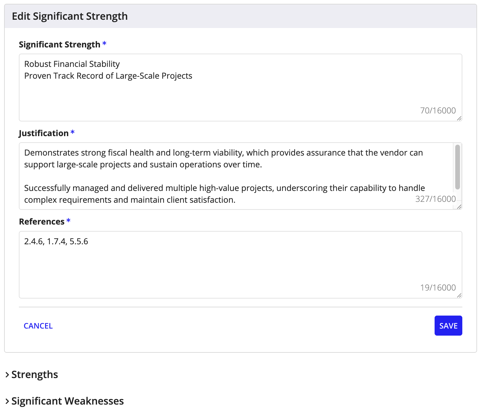 Update a vendor evaluation response.