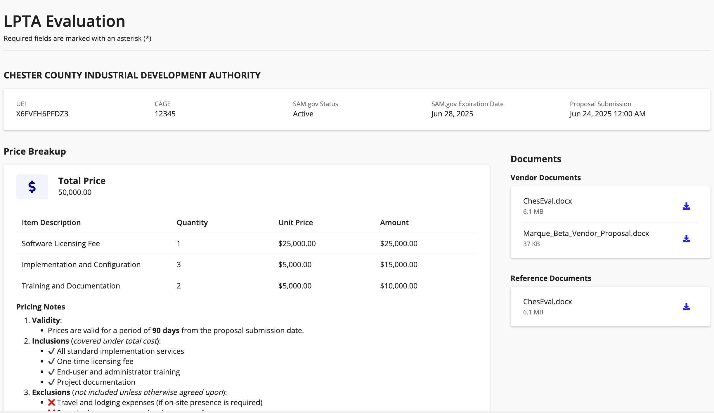 LPTA evaluation screen with vendor pricing and documents.