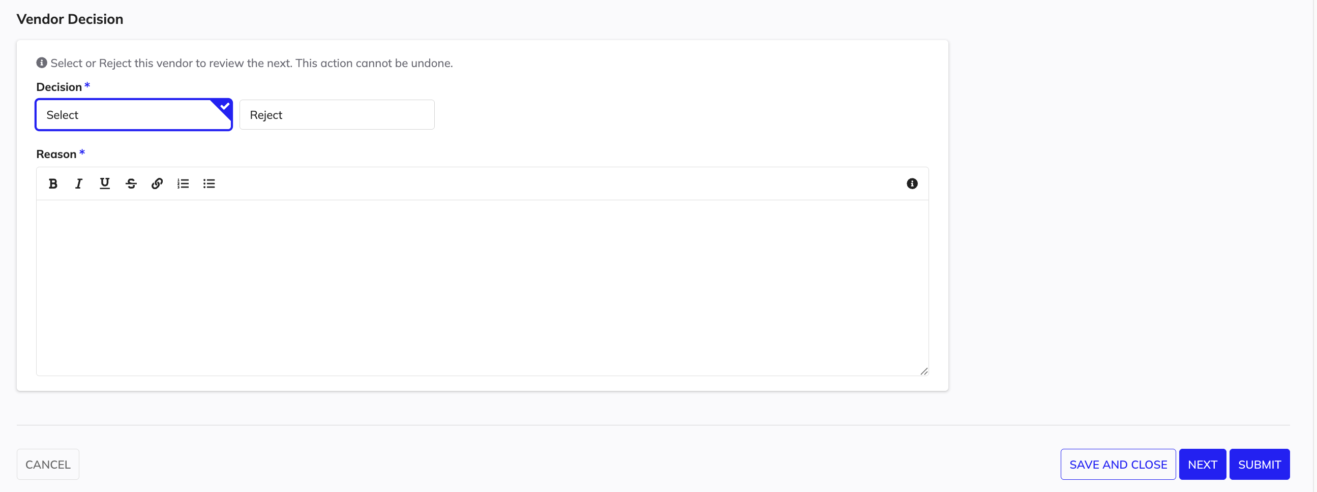 LPTA vendor decision form: Select vendor with reason.
