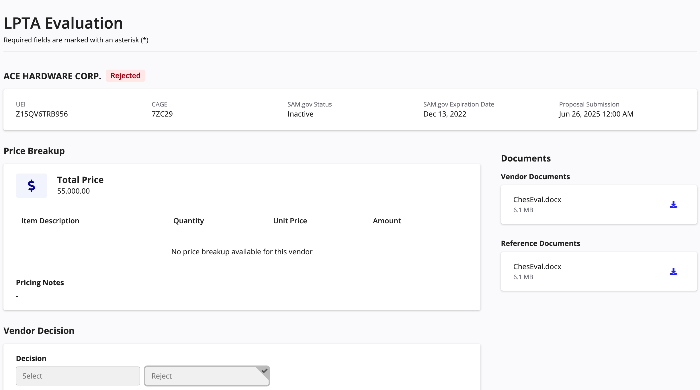 LPTA evaluation showing rejected vendor.
