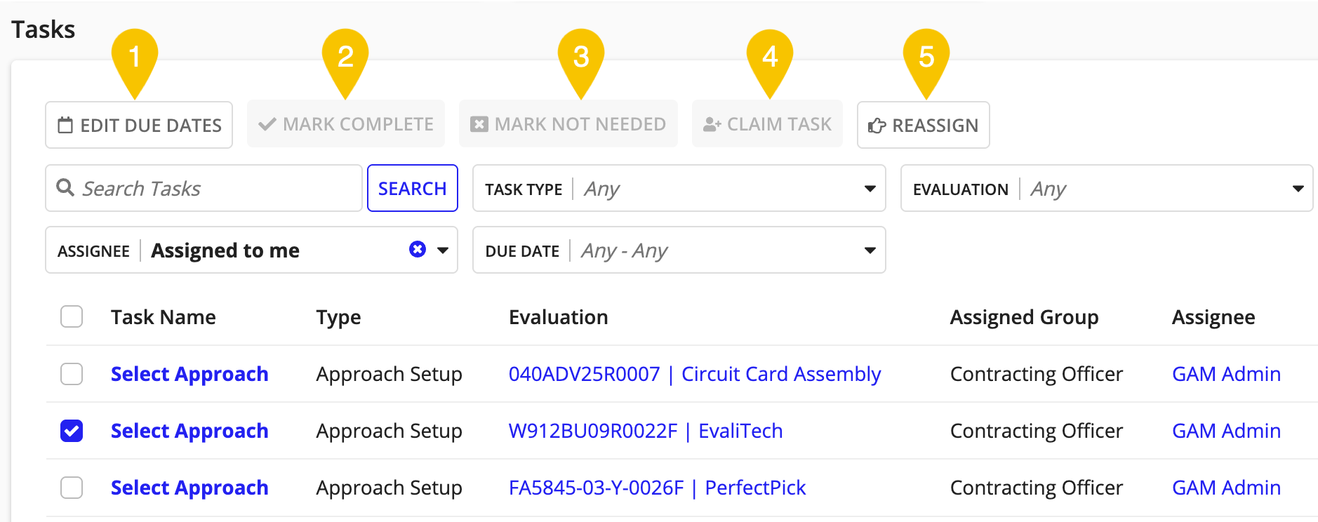 Actions in the Tasks grid