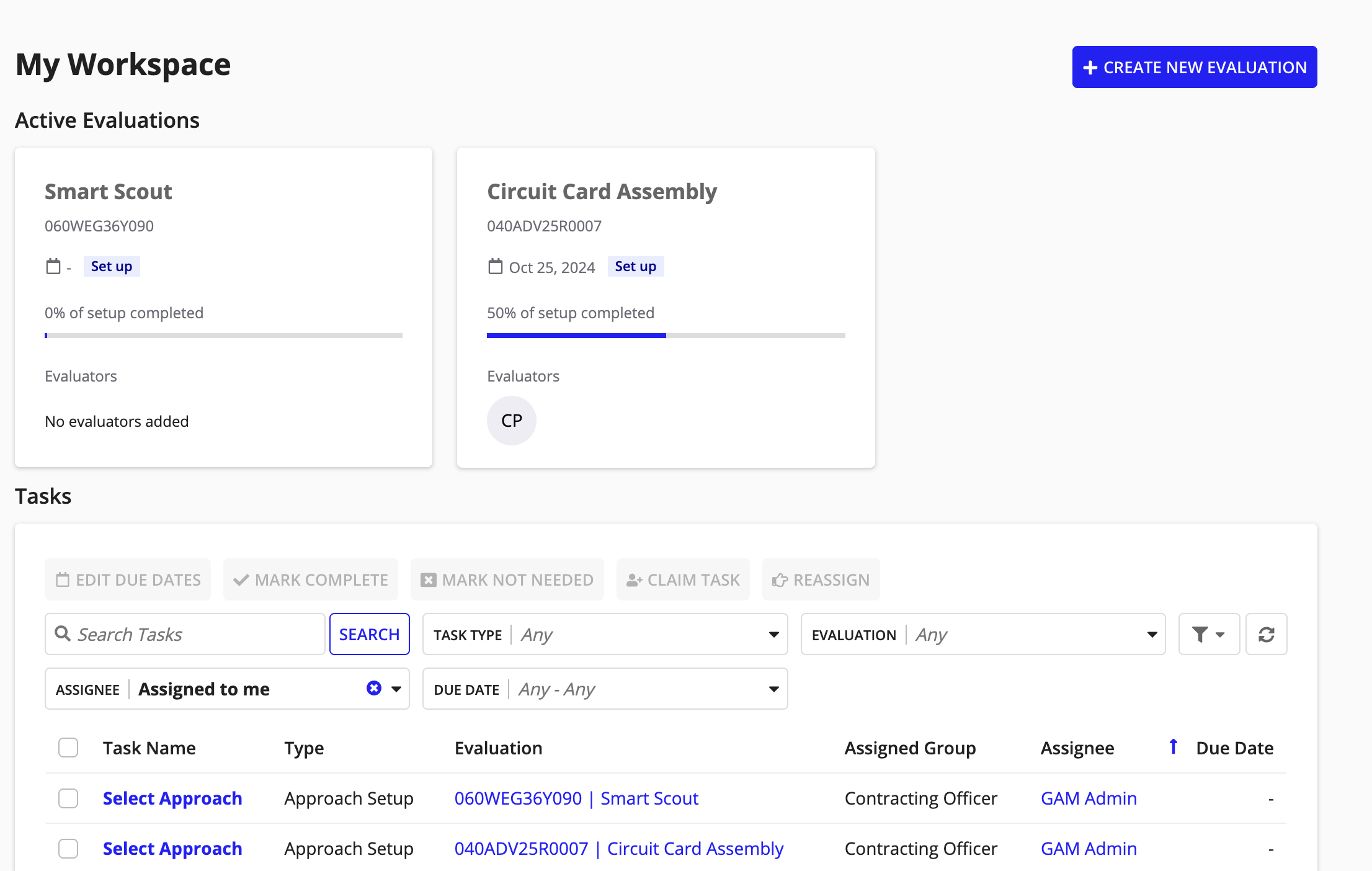 Active evaluations on the My Workspace page