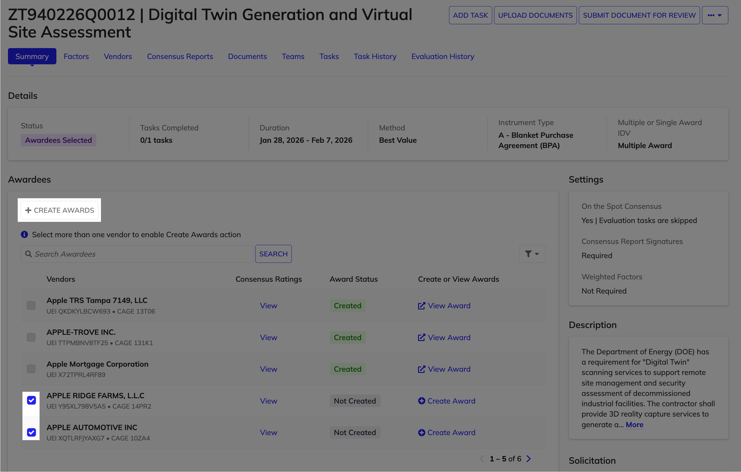 Create Awards button in the Awardees section in the evaluation summary.
