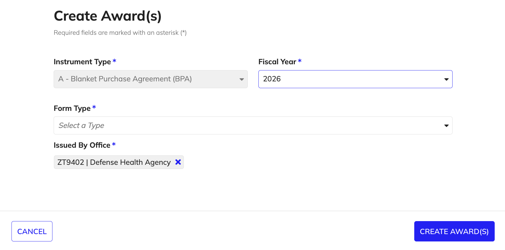 Create Awards dialog with pre-populated solicitation details.