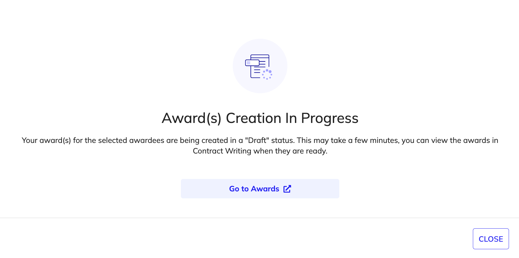 Awards creation inprogress message.