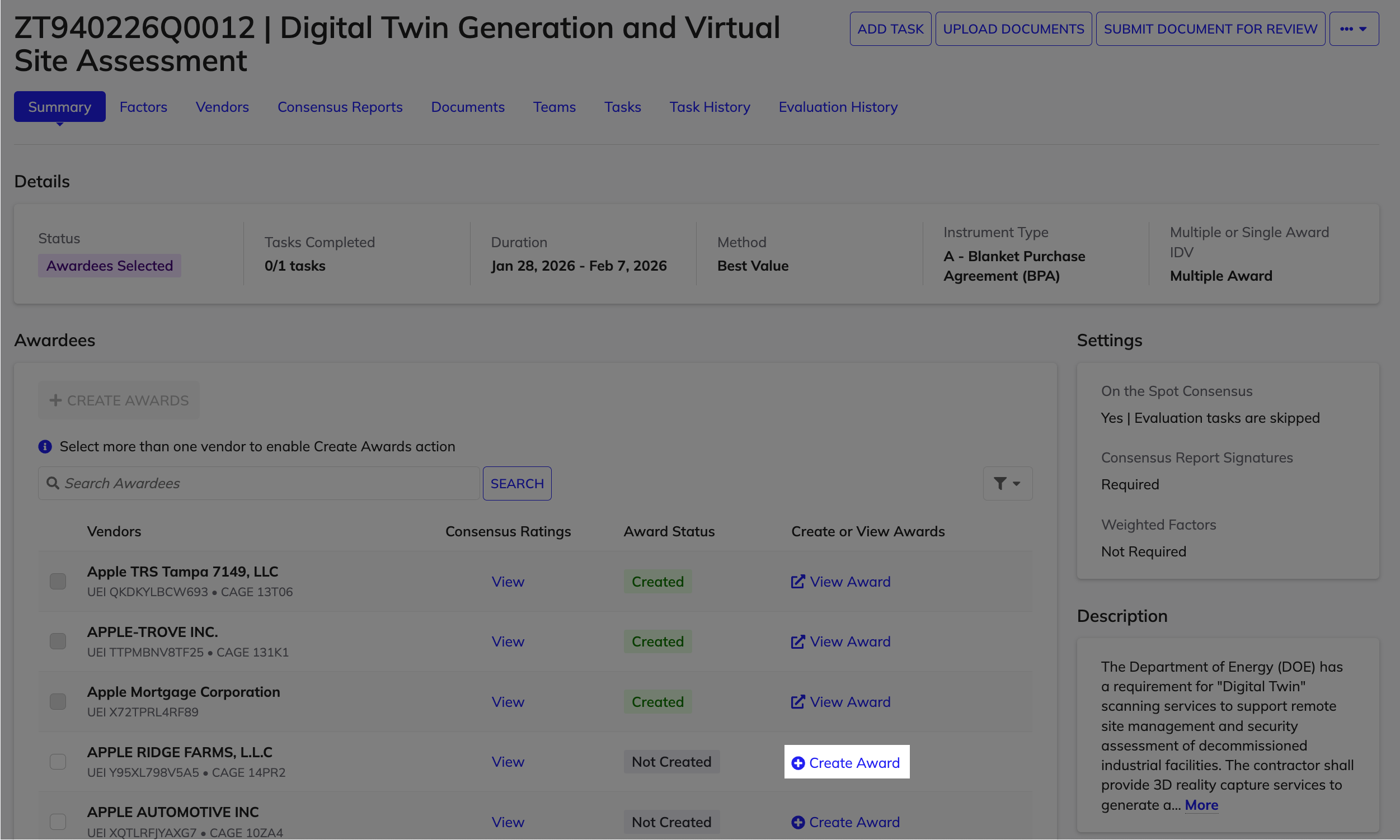 Create Award option in the Awardees section in the evaluation summary.