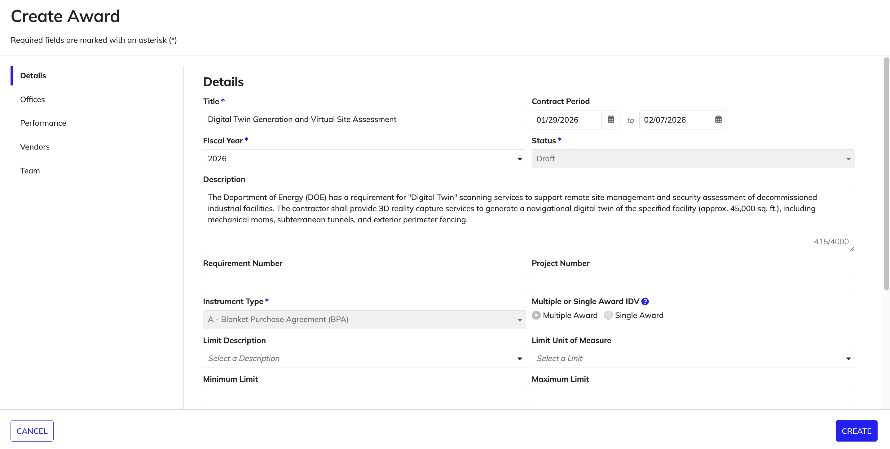 Create Award dialog with pre-populated solicitation details.