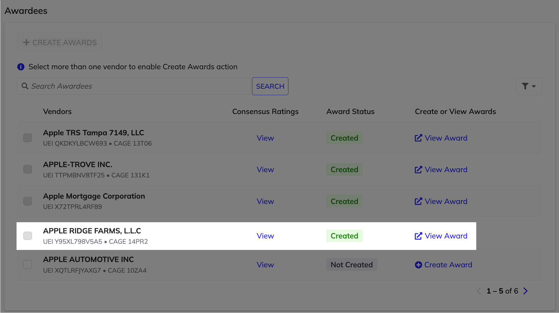 Award status changed in the evaluation summary.